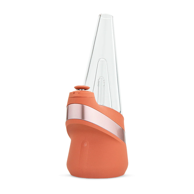 Puffco Peak Sunset orange angled product photo with glass attachment