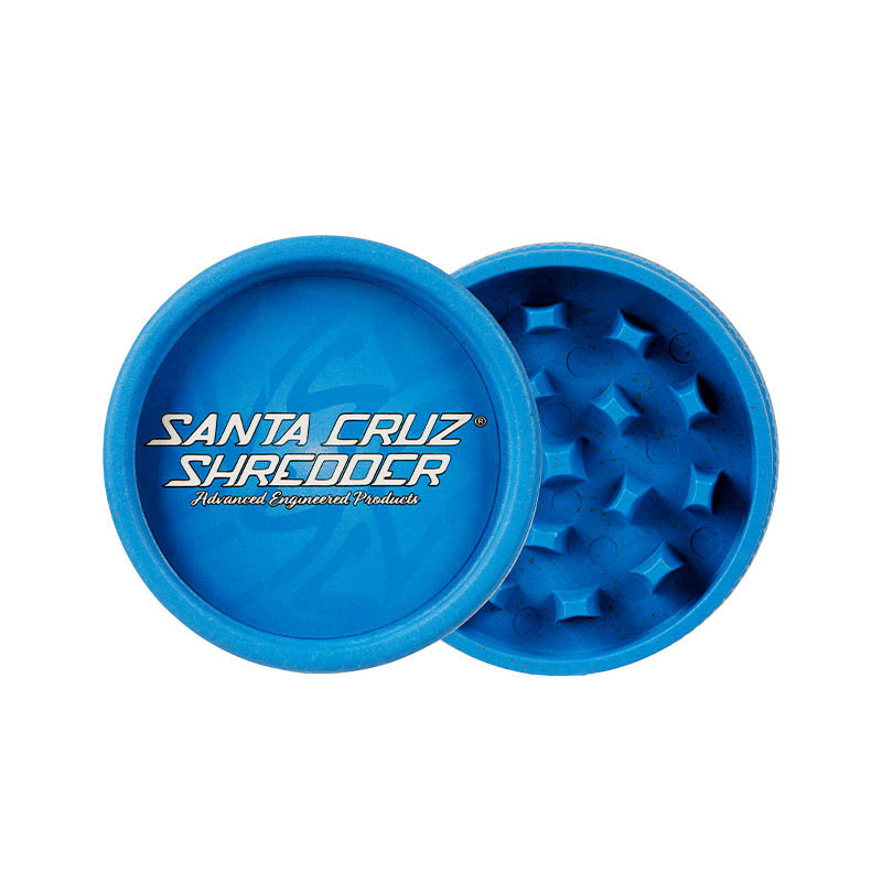 Blue Santa Cruz Shredder hemp grinder open with herb chamber