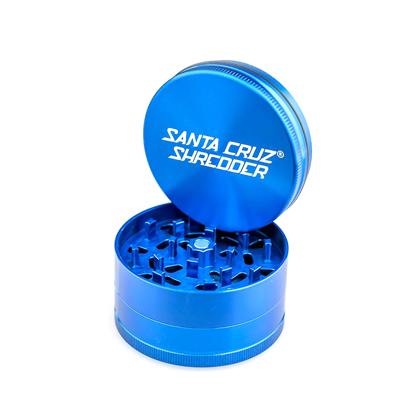 Blue Santa Cruz Shredder large 3-piece herb grinder showing the open grinding chamber.