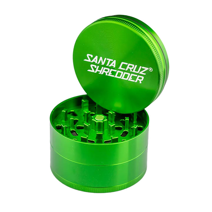 Green Santa Cruz Shredder 4-Piece Grinder Large open to show patented teeth