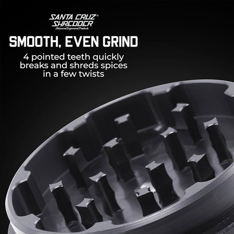 Close-up of Santa Cruz Shredder teeth for smooth even grinding