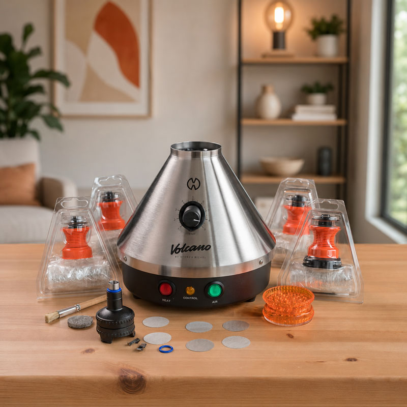 Desktop dry herb vaporizers including Storz & Bickel Volcano and Arizer models