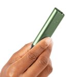 PAX Flow Stash Tube showing angled loading tip and portable aluminium herb storage body