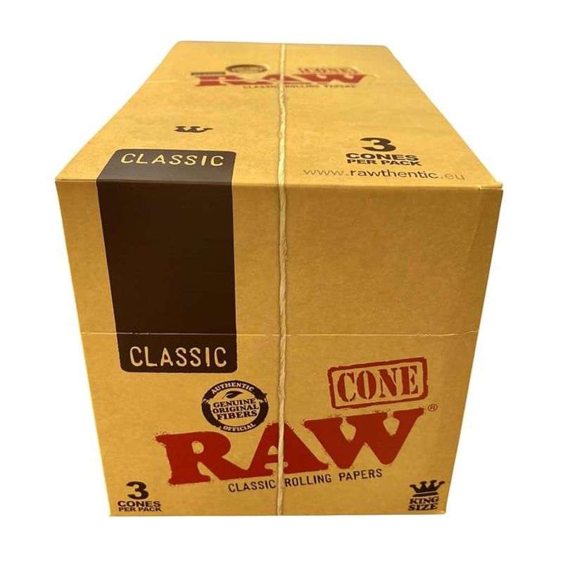 Full box of RAW Classic Cones displayed closed on a white background