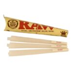 3 packs of RAW Classic Slim Cones with packing stick and cone sleeves on white background
