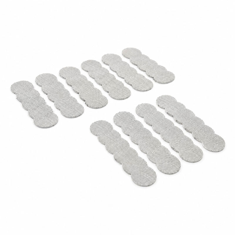 Arizer Go SRT stainless steel filter strainers arranged in angled rows on a light grey background. Includes 50 replacement screens for the Arizer Go SRT vaporizer.