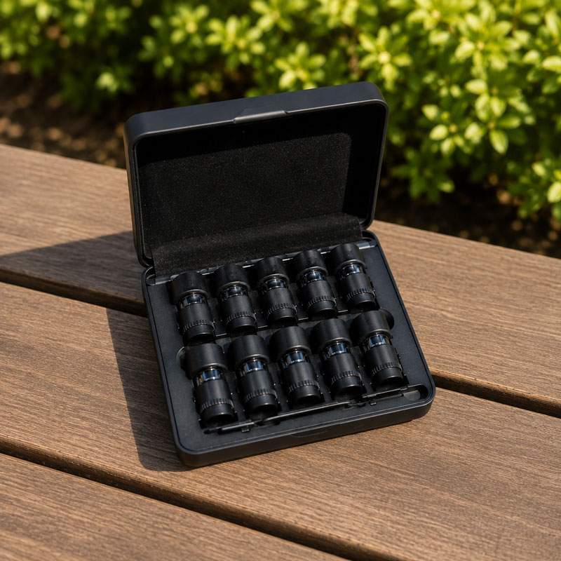 Arizer Go SRT shell case with preloaded shells displayed open on a wooden outdoor table in natural sunlight.