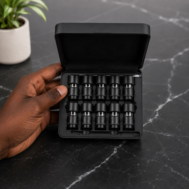 Hand holding the Prefill Set with multiple stainless steel dosing capsules in black storage case