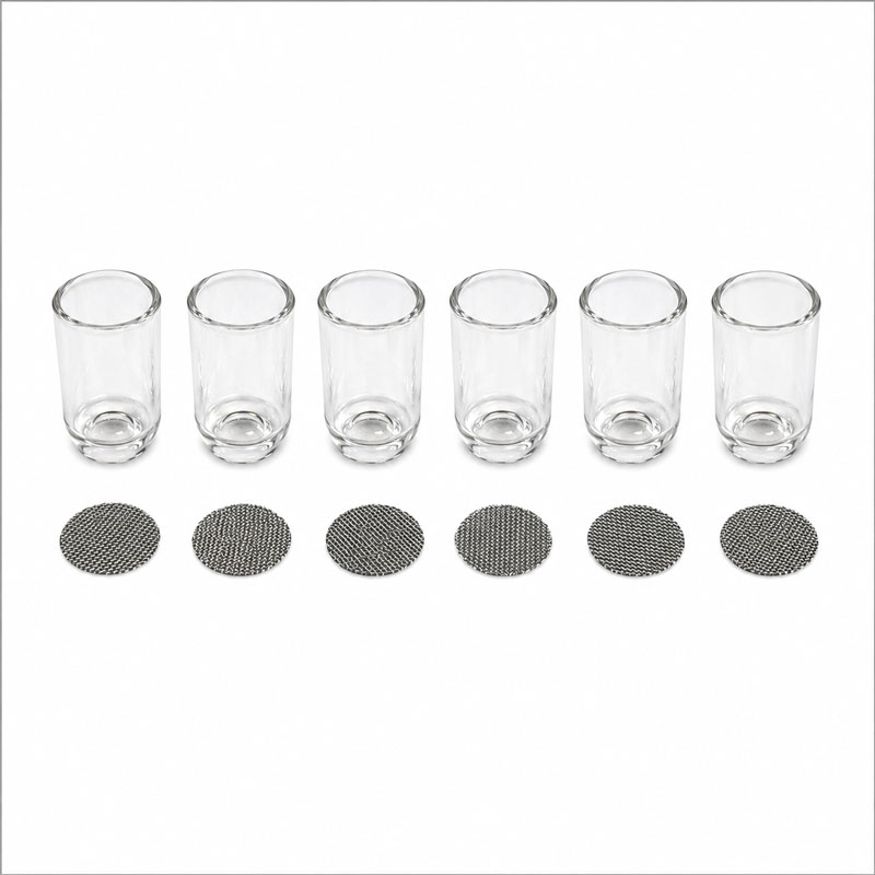 Arizer Go SRT glass aroma tubes with stainless steel mesh screens arranged on a white background in a square product image.
