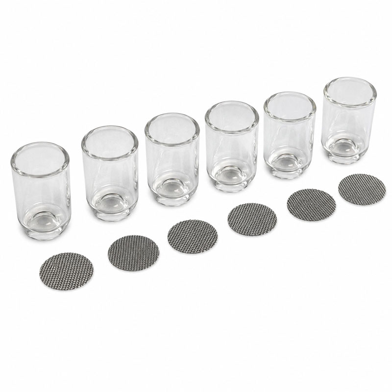 Arizer Go SRT glass aroma tubes with stainless steel mesh screens arranged diagonally on a white background.