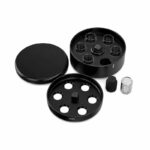 Arizer Go Shell storage case with removable tray, lid, glass insert and cap displayed from an angled top-down view on a white background.
