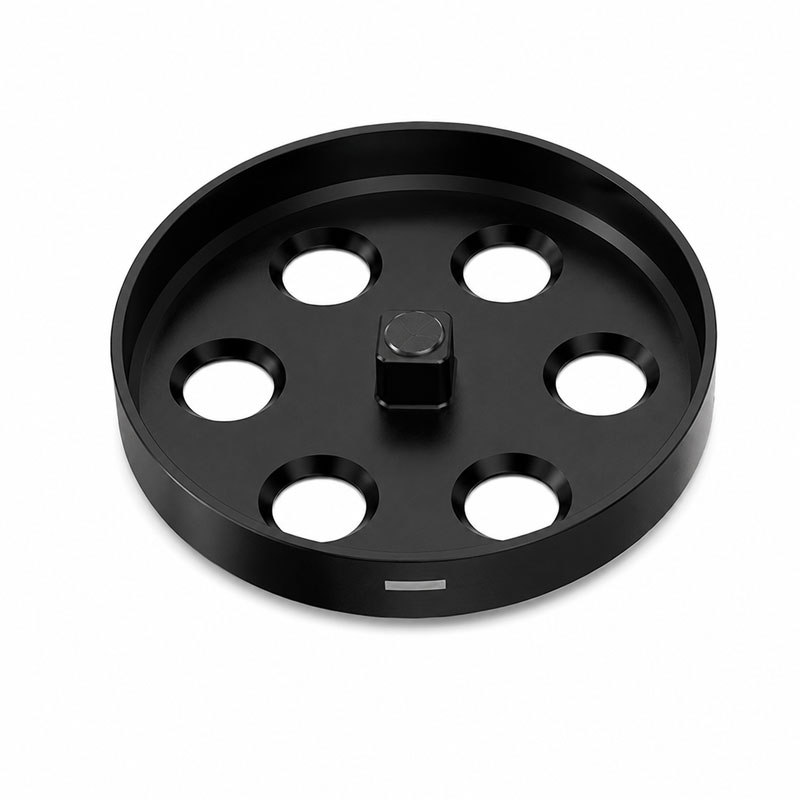 Black Arizer Go Shell holder tray with six circular tube slots and central magnetic connector on a white background.