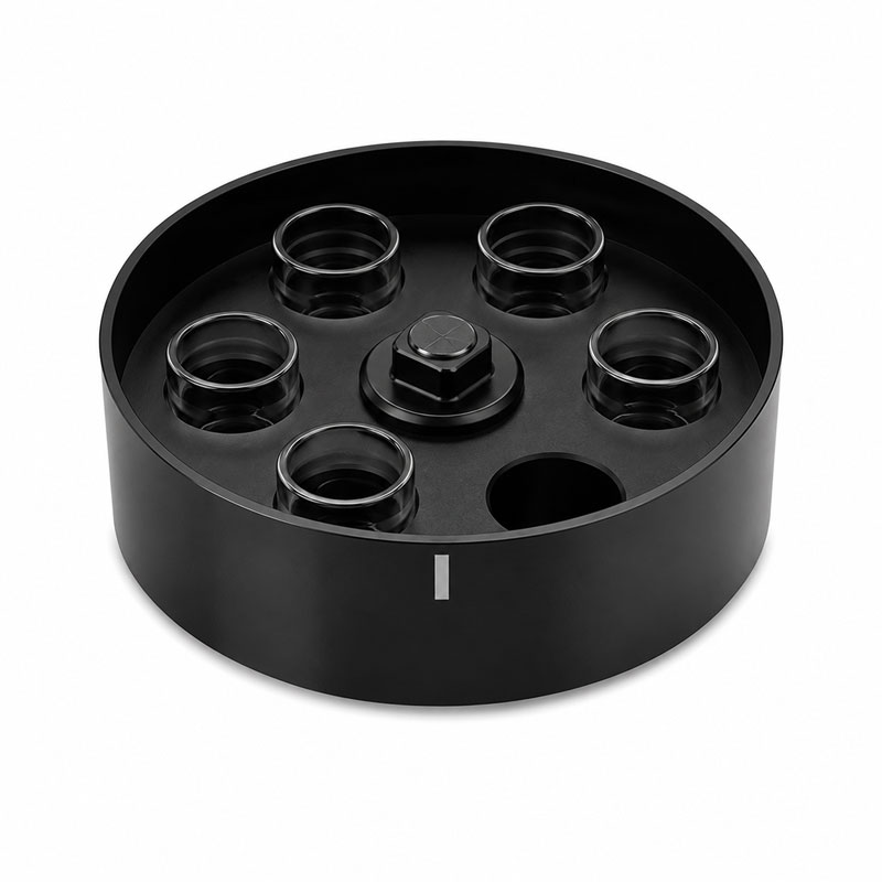 Arizer Go Shell storage holder with five glass inserts and central magnetic mount on a white background.