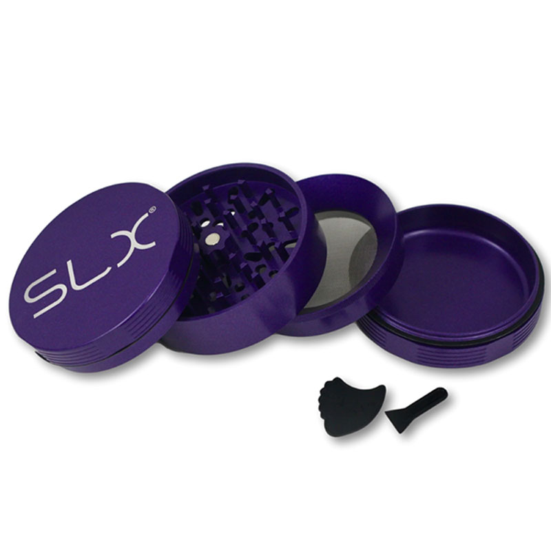 Purple SLX BFG Grinder opened with all compartments.