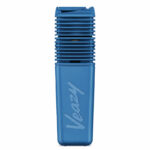 Blue Veazy vaporizer standing upright on a white background.