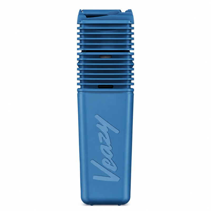 Blue Veazy vaporizer standing upright on a white background.