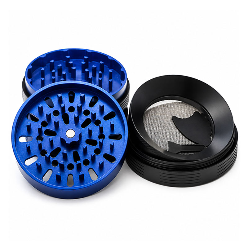Blue and black SLX Non-Stick Grinder open with herb chamber and pollen scoop