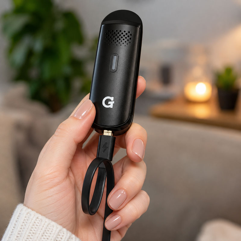 Womans hand charging a black vaporizer