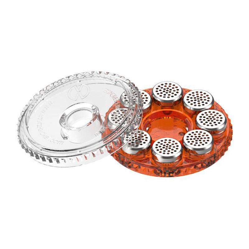 Storz & Bickel Dosing Capsule Magazine with eight capsules and transparent lid opened on white background