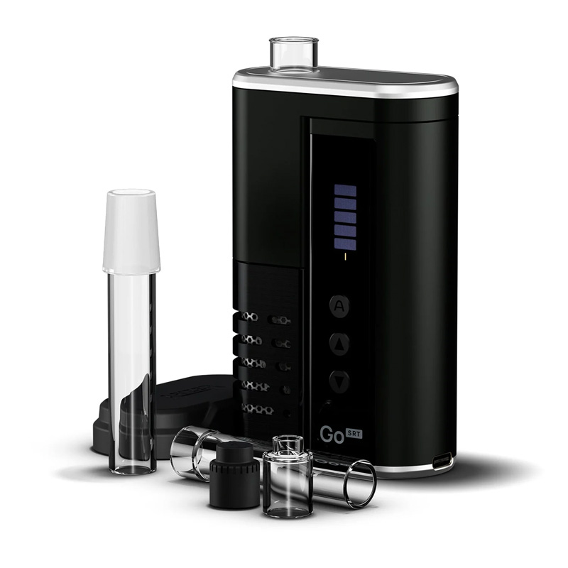 Arizer Go SRT portable dry herb vaporizer with glass accessories arranged in front