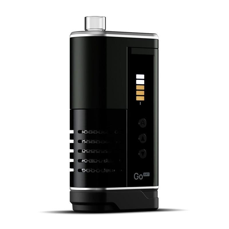 Angled product shot of the Arizer Go SRT with coloured bars on the display