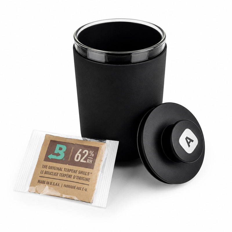 Arizer Herb Jar storage container with removable lid and 62% Boveda humidity pack on white background