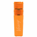 Orange Veazy vaporizer standing upright on a white background.