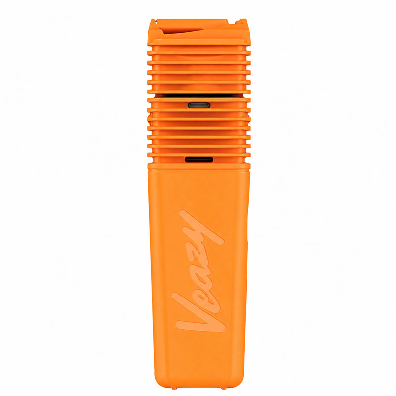 Orange Veazy vaporizer standing upright on a white background.