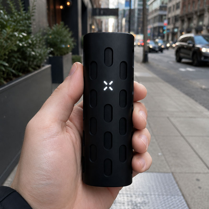PAX 4 with black grip sleeve being held outdoors on a city street with blurred urban buildings and pavement in the background