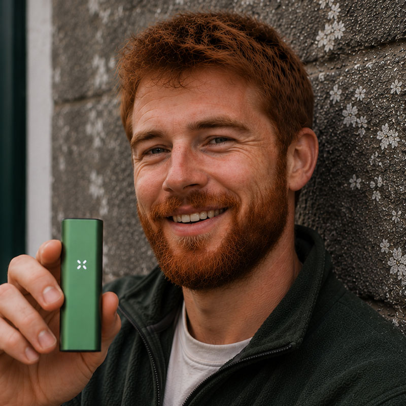 Red-haired man smiling while holding a green PAX 4 vaporizer against a stone wall outdoors