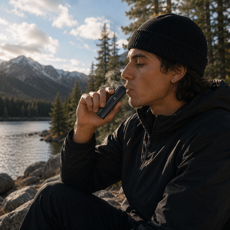 PAX 4 vaporizer used outdoors beside a lake