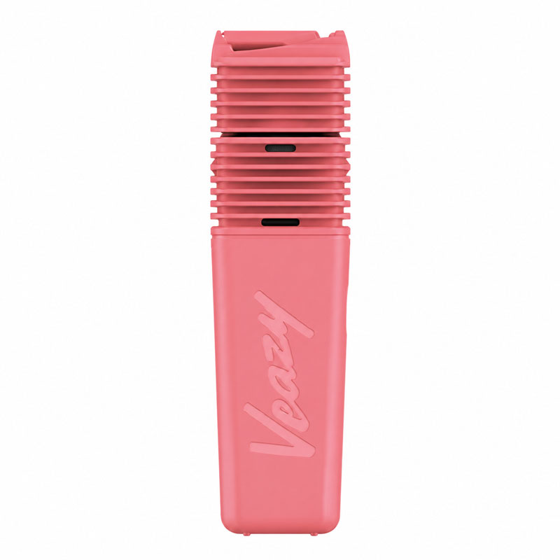Pink Veazy vaporizer standing upright on a white background.