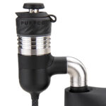 Close-up of Puffco Peak Pro adapter with metal elbow connection and black finish
