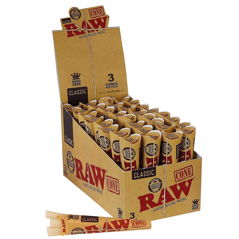 RAW Classic Cones retail display box with multiple cone packs on white background