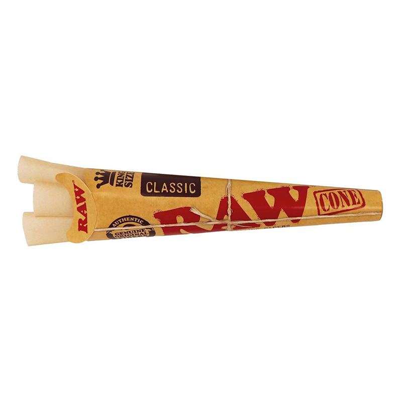 Single RAW Classic pre-rolled cone beside branded packaging on white background