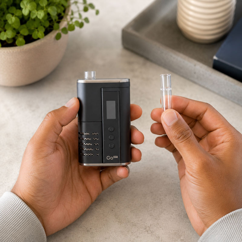 Person holding the Arizer Go SRT vaporizer and a glass aroma tube over a modern tabletop background with indoor plants.