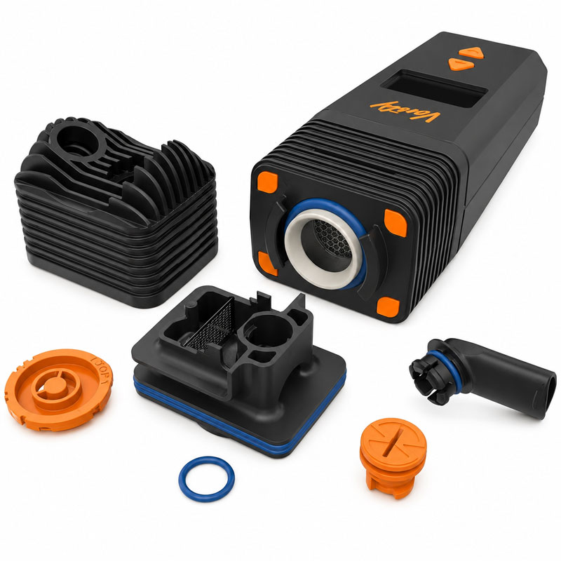 Storz & Bickel Veazy vaporizer with disassembled cooling unit and replacement seal ring parts displayed on white background