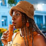 Woman dressed in orange vaping a veazy
