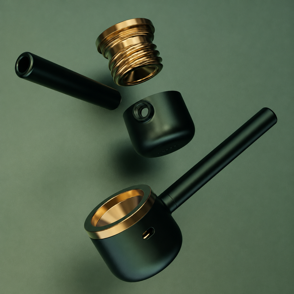 Artistic exploded composition of the Evergreen pipe with separated components