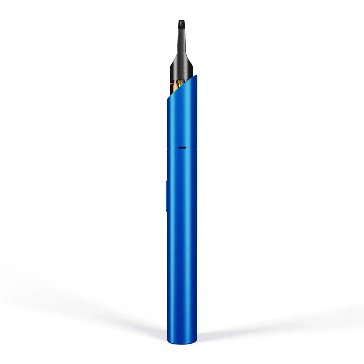 Upright blue Vessel Vista Edge 510 cartridge battery on white background.