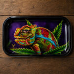 The rolling tray on a wooden table