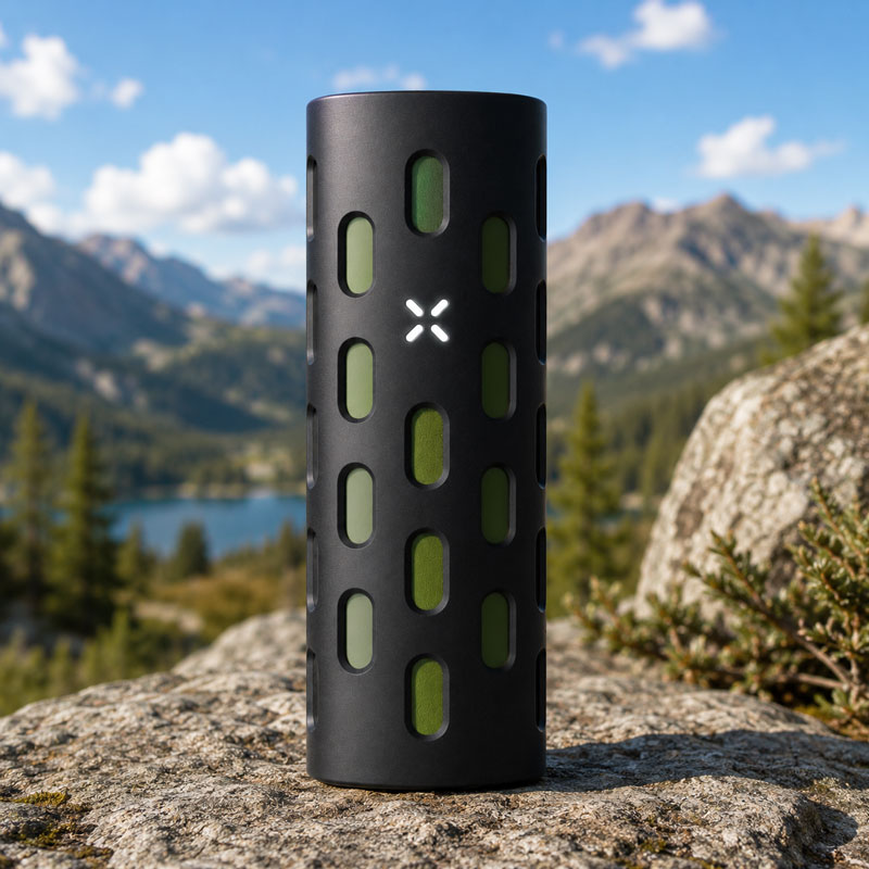 PAX 4 grip sleeve standing outdoors on a rock with a blurred mountain and lake background in natural sunlight