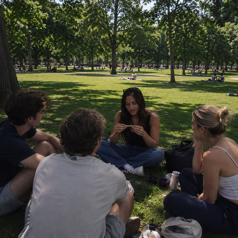 Friends relaxing in a sunny park while a woman casually rolls a RAW cone during a group conversation on the grass.