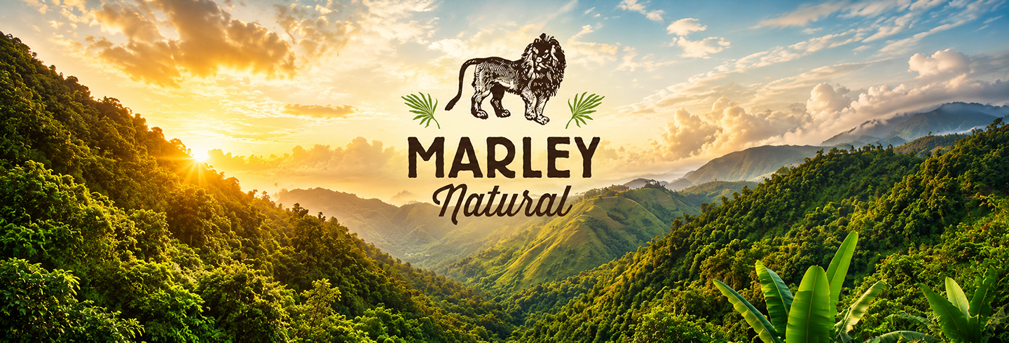 banner for marley natural showing logo with mountains and sunrise