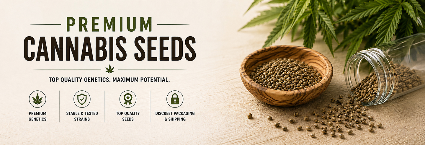 Premium cannabis seeds product image with seeds and packaging