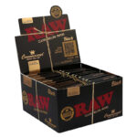 Full display box of RAW Black Connoisseur rolling papers plus tips on white background
