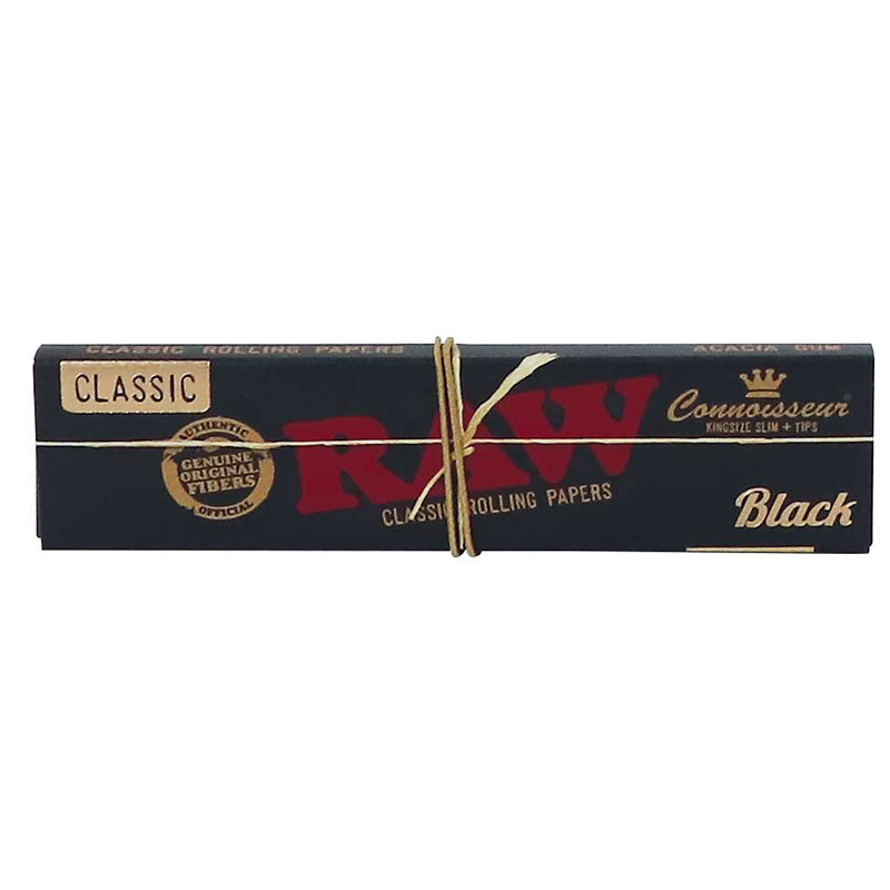 RAW Black Connoisseur rolling papers plus tips booklet on white background