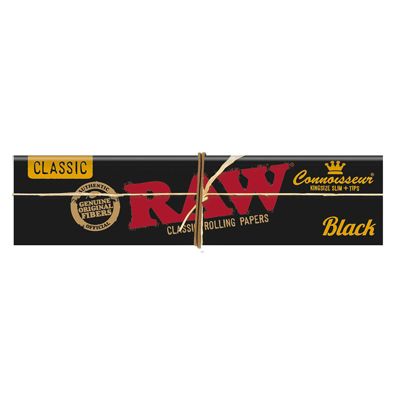 RAW Black Connoisseur rolling papers plus tips single pack on white background