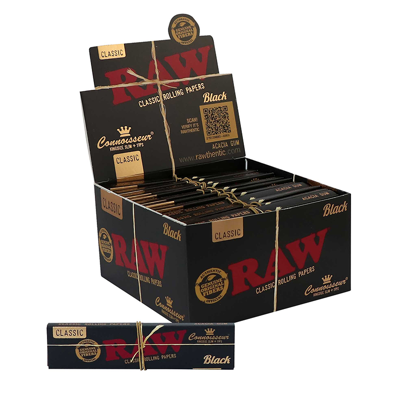 RAW Black Connoisseur rolling papers with tips retail display box on white background