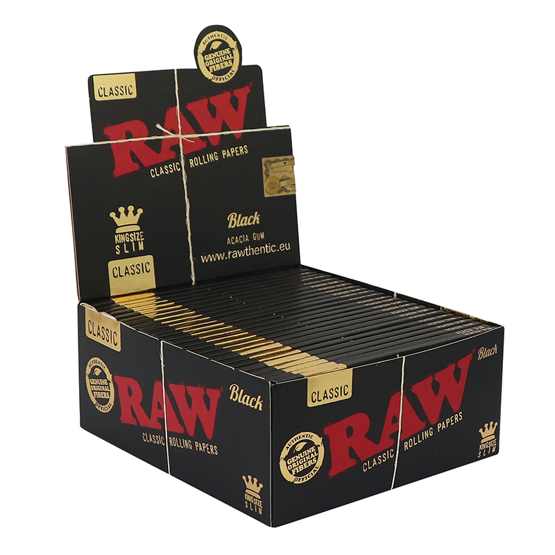 RAW Black Slim rolling papers retail display box on white background